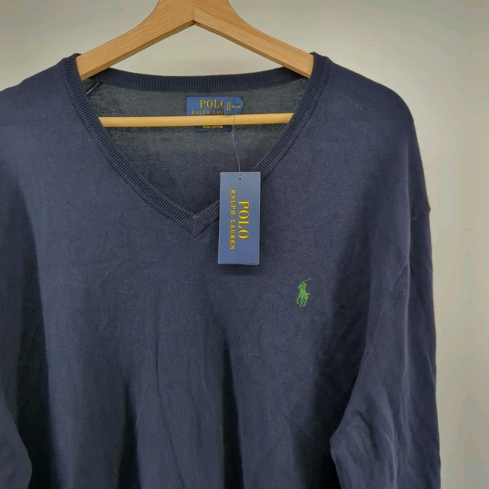 NEW Polo Ralph Lauren Pima Cotton Sweater   Mens XL V Neck Long Sleeve Navy Blue